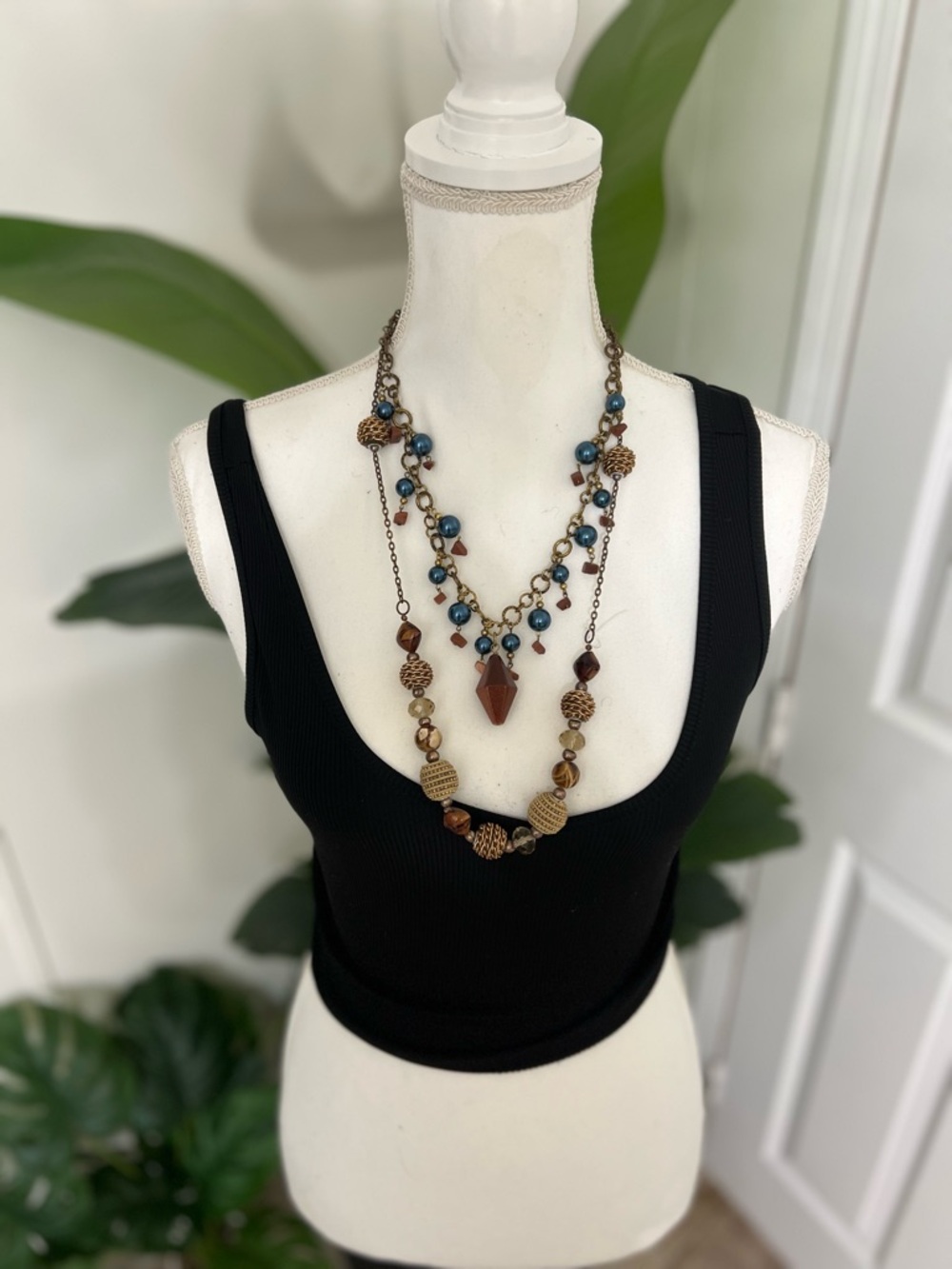 Boho Multi-Strand Beaded Necklace in Teal & Brown